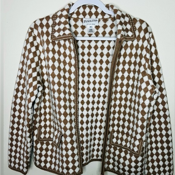 Pendleton Brown & Cream Diamond Pattern Wool Blend Sweater Size M - Picture 2 of 5